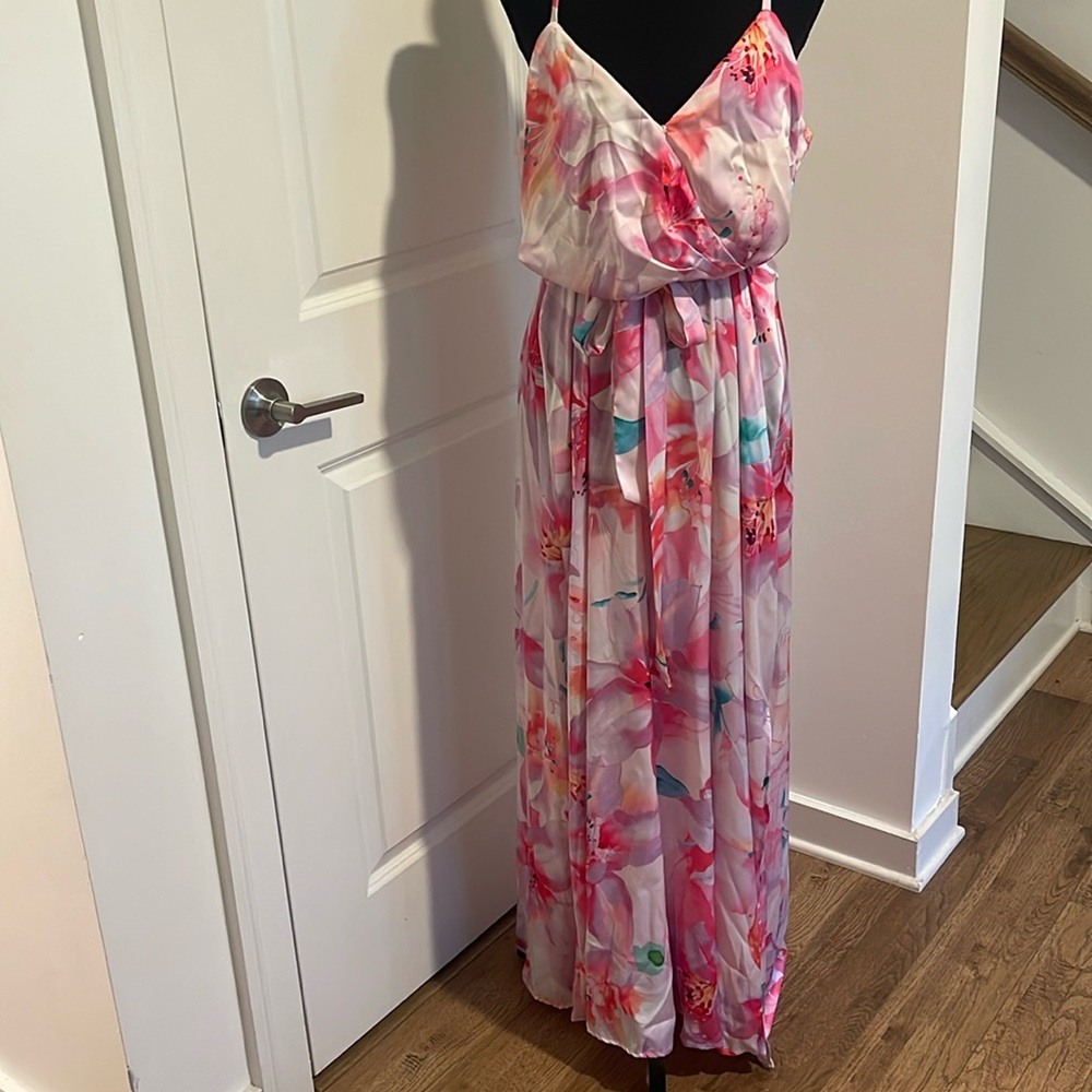 Nicole Miller Floral Satin Maxi Dress Pink bohemian summer resortwear